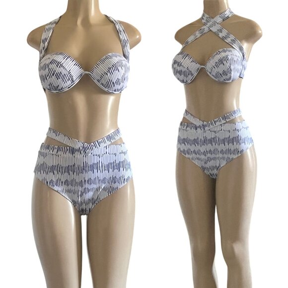 Premium 2-PC Swimsuit Multi-wear Halter Top High Waist Patterned Design Bikini - Picture 2 of 10